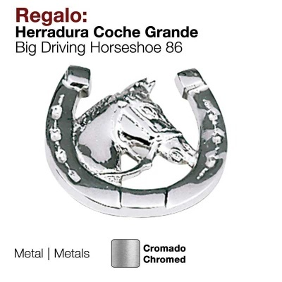 Ferradura cromada com cabeça de cavalo em relevo e texto explicativo