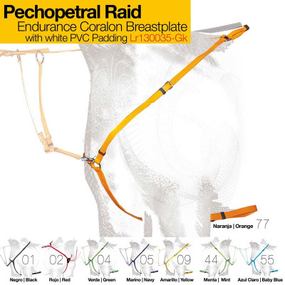 Pechopetral laranja para cavalo com acolchoamento branco e opções de cores e números