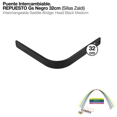 Suporte preto em ângulo de 32 cm com etiquetas e acessórios coloridos