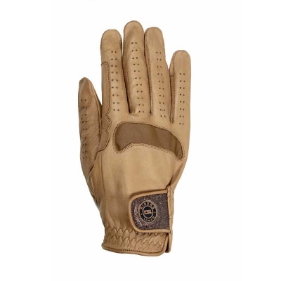 Luva de couro bege com detalhes e etiqueta azul escuro