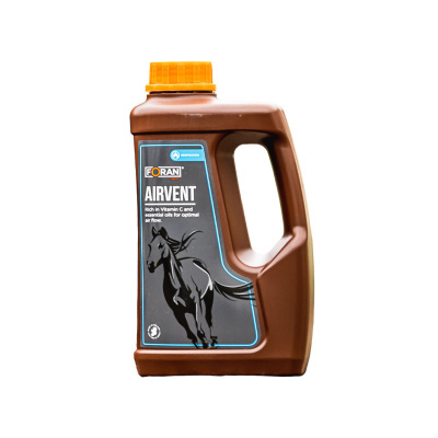 Frasco plástico castanho com tampa laranja e rótulo de cavalo preto e texto AIRVENT