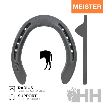 Ferradura metálica cinzenta com texto e logotipo HH