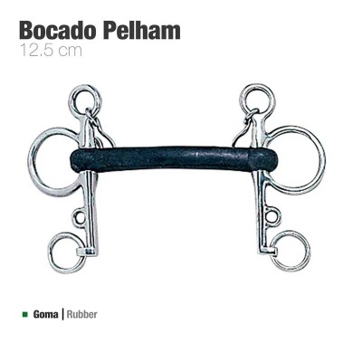 Bocado Pelham em borracha preta e metal prateado, 12,5 cm