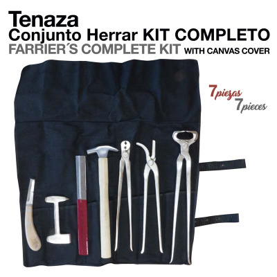 Kit completo para ferrador com 7 peças sobre capa de lona preta