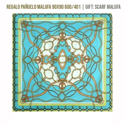 Lenço quadrado azul turquesa com padrão de correntes douradas entrelaçadas