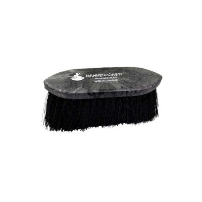 Escova preta para crina com texto em branco no topo.