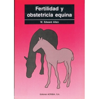 Capa do livro 'Fertilidad y obstetricia equina' com ilustração de dois cavalos e fundo rosa