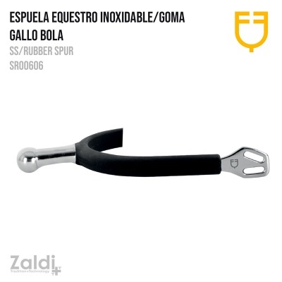 Espuela equestre inoxidável com borracha preta e bola metálica
