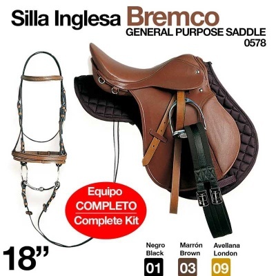 Sela inglesa Bremco castanha com acessórios e texto de descrição