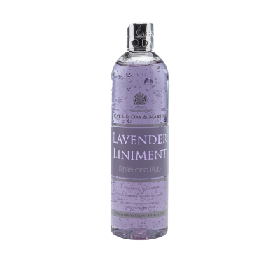 Garrafa transparente com líquido lilás e etiqueta roxa Lavander Liniment