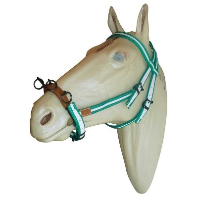 Cabresto para cavalo verde e branco em manequim bege