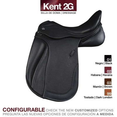 Sela de doma Kent 2G preta com opções de cores e texto em espanhol