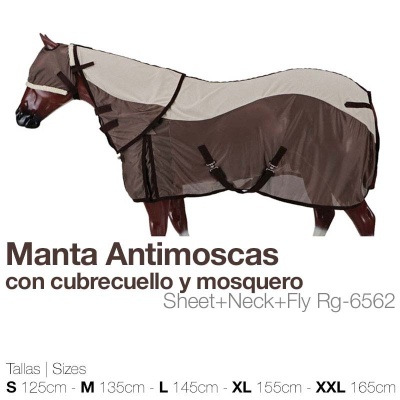 Manta antimósquas castanha e bege para cavalo com cobrecuello e mosquero