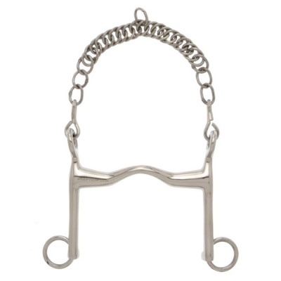 Freio de cavalo metálico prateado com corrente e argolas em fundo branco
