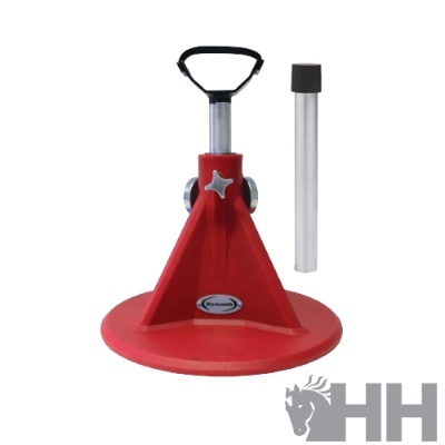 suporte vermelho para tripé com haste metálica e tubo cilíndrico