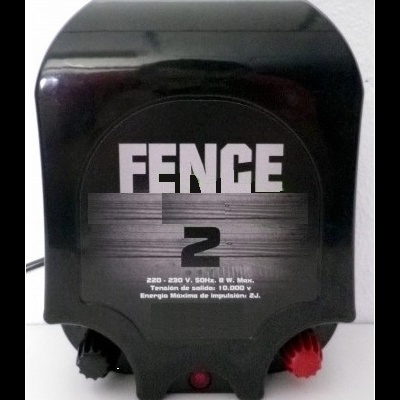 Dispositivo elétrico preto com etiqueta 'FENCE 2' e botões de ajuste preto e vermelho
