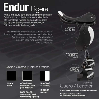 Sela de cavalo Endur Ligera em couro preto com informações de peso e opções de cores