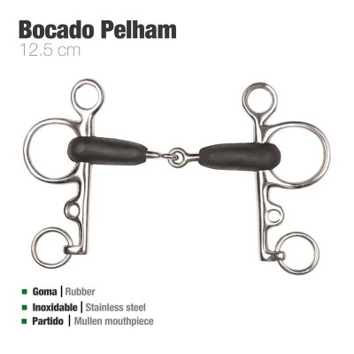 Bocado Pelham de aço inoxidável e borracha preta