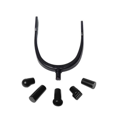 Suporte em forma de U preto com cinco pontas adaptadoras pretas em fundo branco