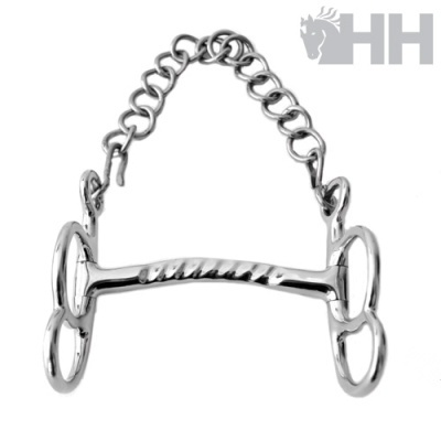 Freio de cavalo em metal prateado com corrente e argolas