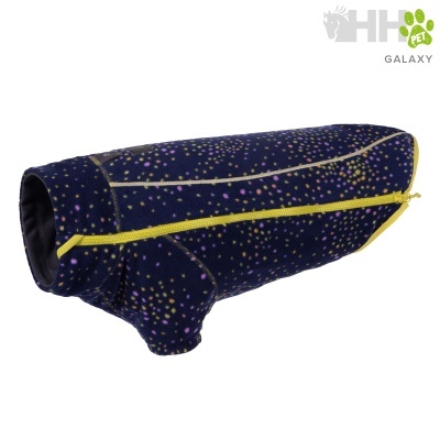 Roupa para cão azul escura com padrão de pontos coloridos e fecho éclair amarelo