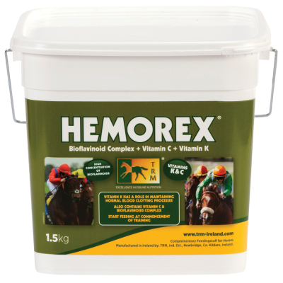 Embalagem plástica de suplemento para cavalos HEMOREX com rótulo verde e amarelo