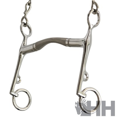 Freio de cavalo em metal prateado com corrente e argolas grandes