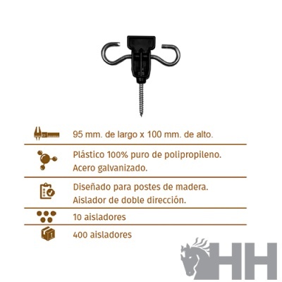 Isolador de plástico preto com gancho de aço galvanizado para postes de madeira, com texto descritivo em castelhano e logo HH no fundo branco