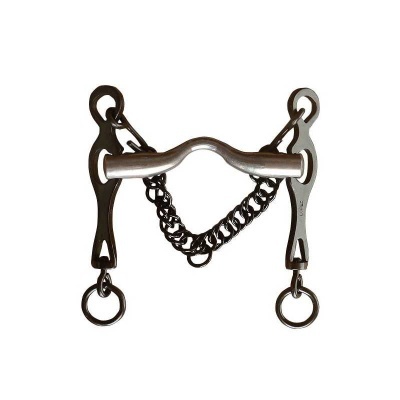 Freio para cavalo em metal com peça central curva e corrente preta