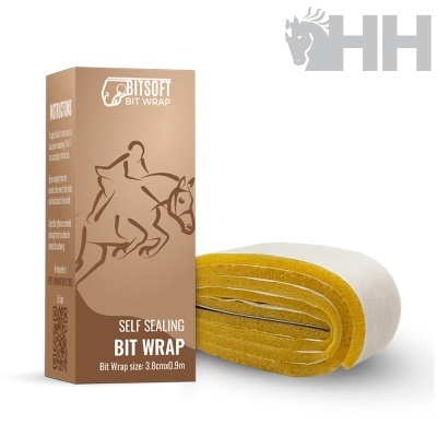 Produto envolvente para cavalos BITSOFT BIT WRAP em embalagem castanha e rolo amarelo e branco