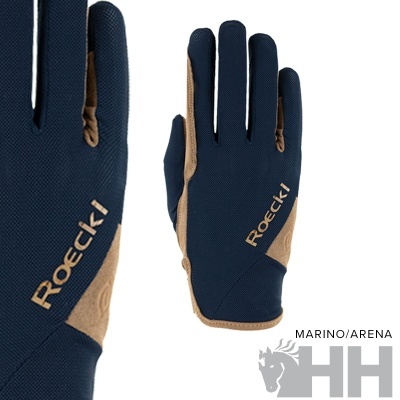 Luvas de tecido azul-marinho com detalhes em areia e texto Roeckl