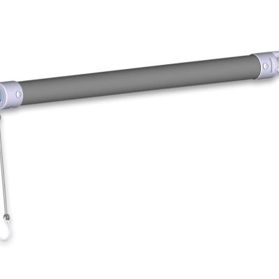 Dispositivo cilíndrico cinzento com ganchos e alça em fundo branco