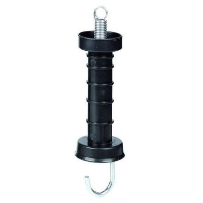 Isolador de cerca elétrica preto com mola e gancho metálicos