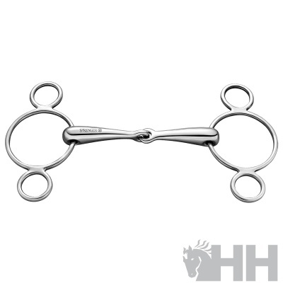 freio metálico prateado para cavalo com argolas e peça central articulada