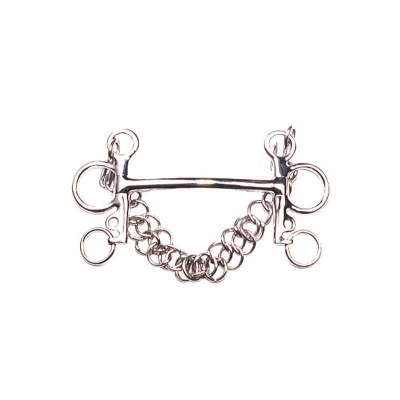 Freio equestre metálico prateado com argolas e corrente