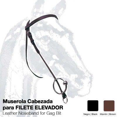 Muserola cabeçada em couro preto e castanho com argola metálica sobre fundo com desenho de cavalo