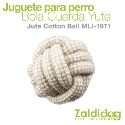 Brinquedo para cão bola trançada em juta bege e branco com texto e logo Zaldi dog.