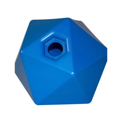 Objeto plástico azul geométrico com abertura hexagonal