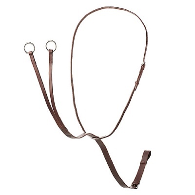 arnês ou correia de couro castanho com argolas metálicas