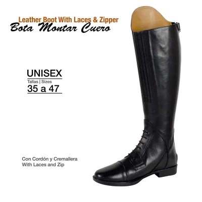 Bota preta alta de couro com atacadores e fecho zip, para montar, unissex