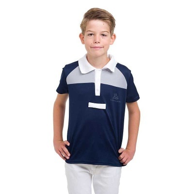 Camisola polo azul escuro com detalhes cinzentos e gola branca para criança
