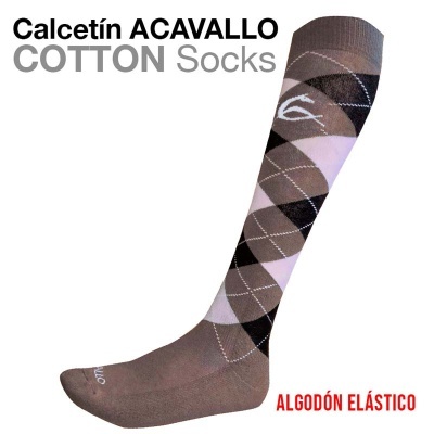 Meia comprida argyle castanha e bege com texto