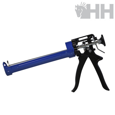 Aplicador de silicone azul com gatilho preto e detalhes metálicos