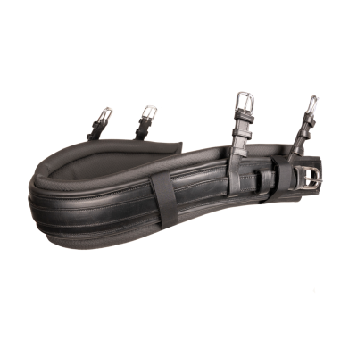 Cincha preta para sela em couro com fivelas metálicas