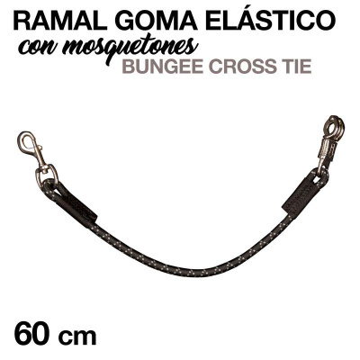 Ramal elástico preto com mosquetões e texto explicativo de 60 cm.