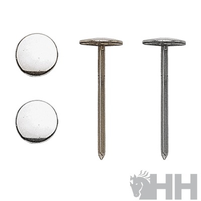 Conjunto de quatro tachas metálicas prateadas sobre fundo branco com logotipo HH