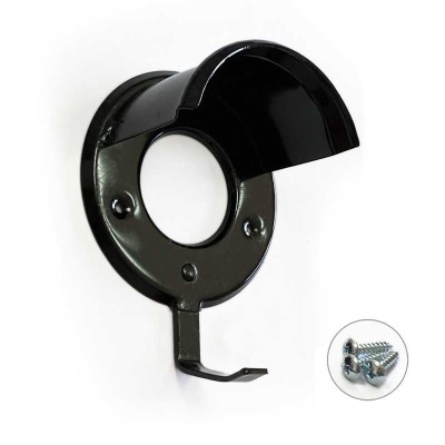 Suporte metálico preto com gancho e parafusos em fundo branco