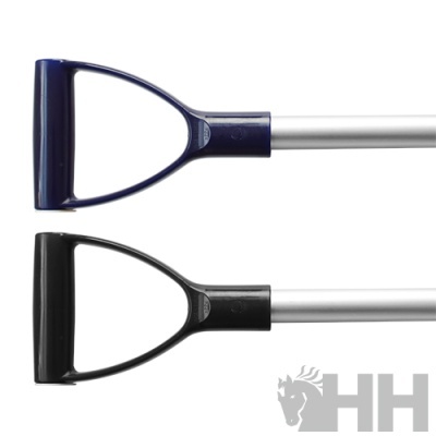 Dois cabos de alumínio para ferramentas de jardim com pegas em D, azul escura e preta.