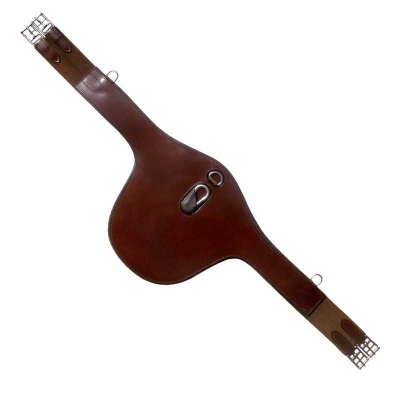 Cilha de couro castanho para uso equestre com fivela metálica