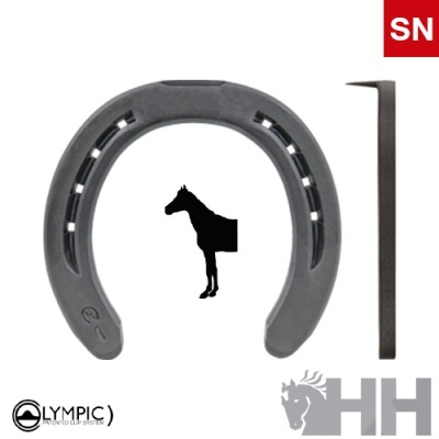 Ferradura de cavalo cinzenta com ferramenta metálica ao lado sobre fundo branco